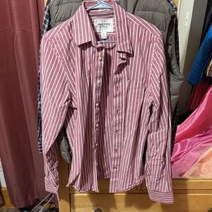 Abercrombie & Fitch Men’s Burgundy and White Striped Button-Up Shirt